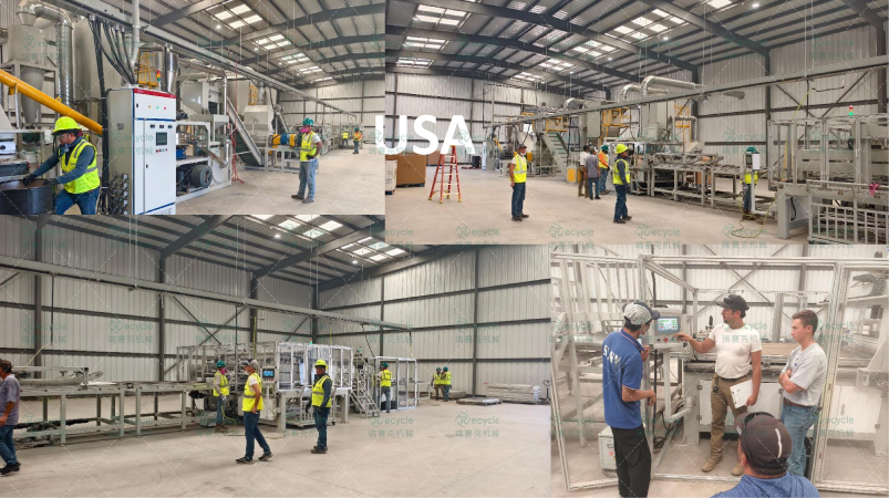 美国单双玻废旧光伏板拆解设备现场案例图